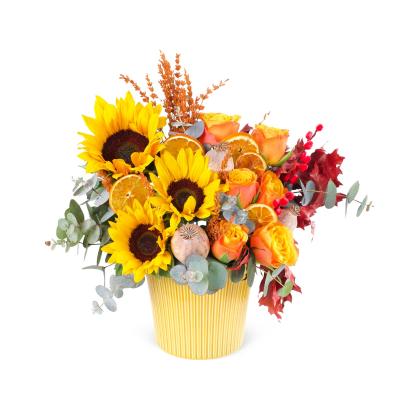 Ayçiçeği ve Turuncu Gül Aranjmanı Amber Aura